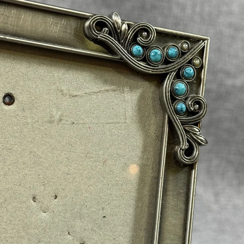 Decorel Picture Frame 5.5x7.5 Antique Silver Turquoise Beads Ornate Filigree